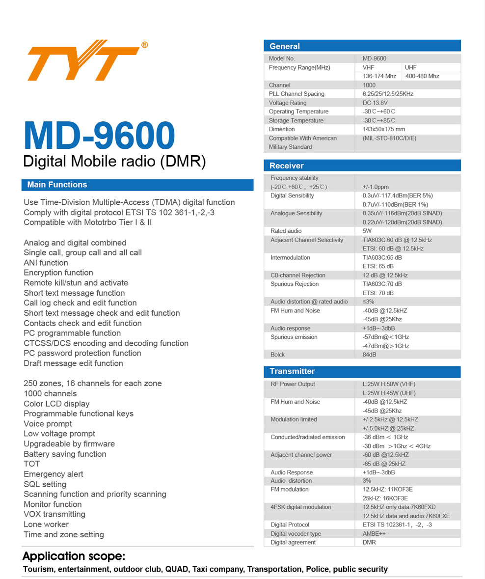 TYT MD-9600 Transceiver DMR parametry techniczne